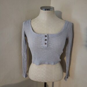 Forever 21 Ribbed Long Sleeve Crop Top Pastel Blue‎ Scoop Neck Small